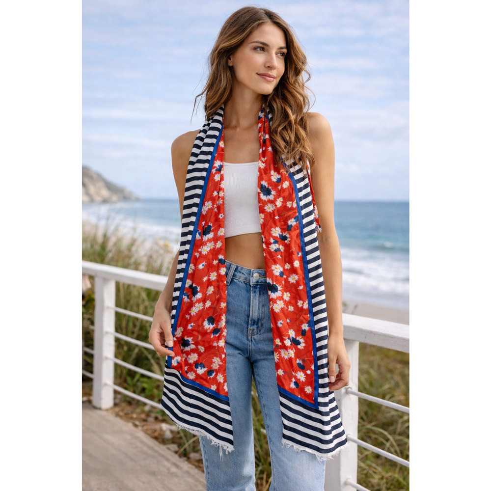Colorful Red Poppy Floral long Scarf Nautical Stripe Coastal Cottagecore light